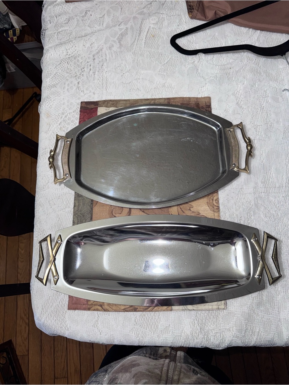Vintage Kromex Silver Vanity Serving Trays with Gold-Tone Handles - Set of 2